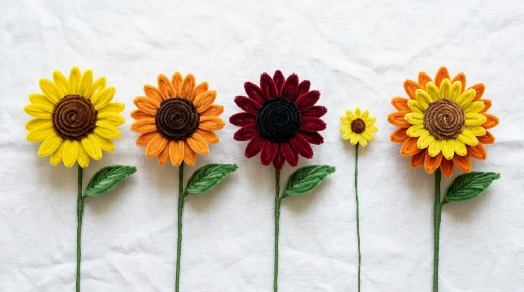 Five pipe cleaner sunflower variations: classic yellow, orange sunset, red burgundy, mini and double-layer sunflower