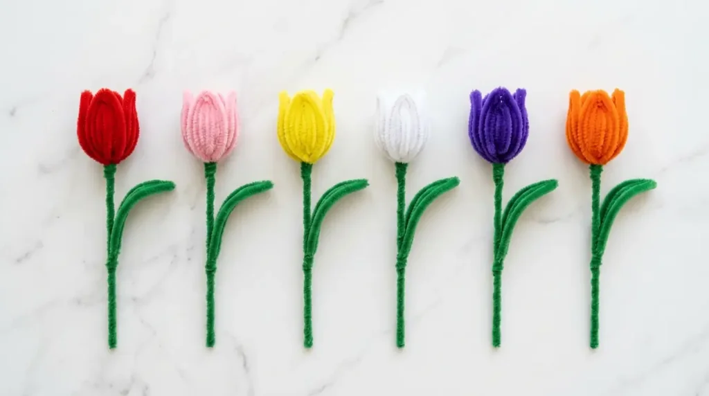 Six pipe cleaner tulip color variations in a row: classic red, pink, yellow, white, purple and orange with green stems
