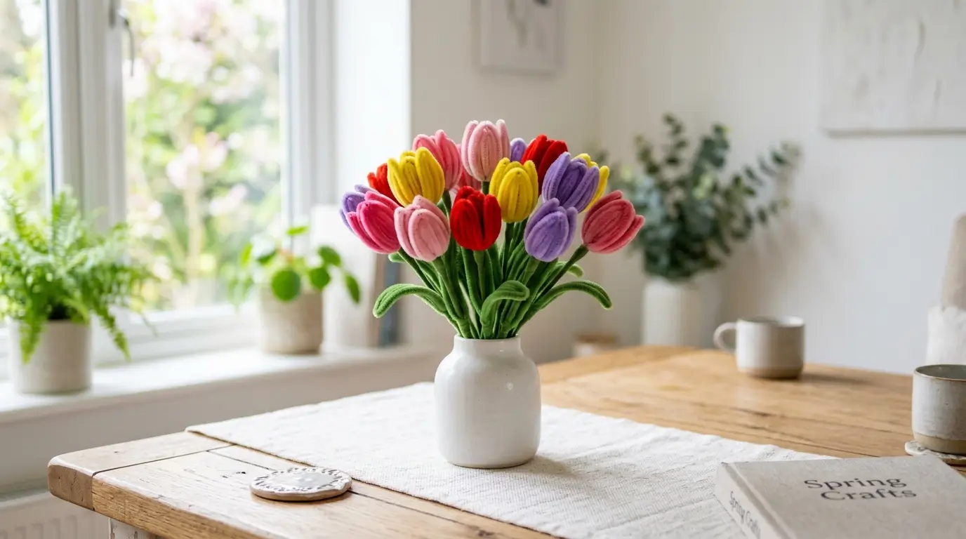 Colorful handmade pipe cleaner tulips in pink, red, yellow and purple standing in a white ceramic vase on a spring table