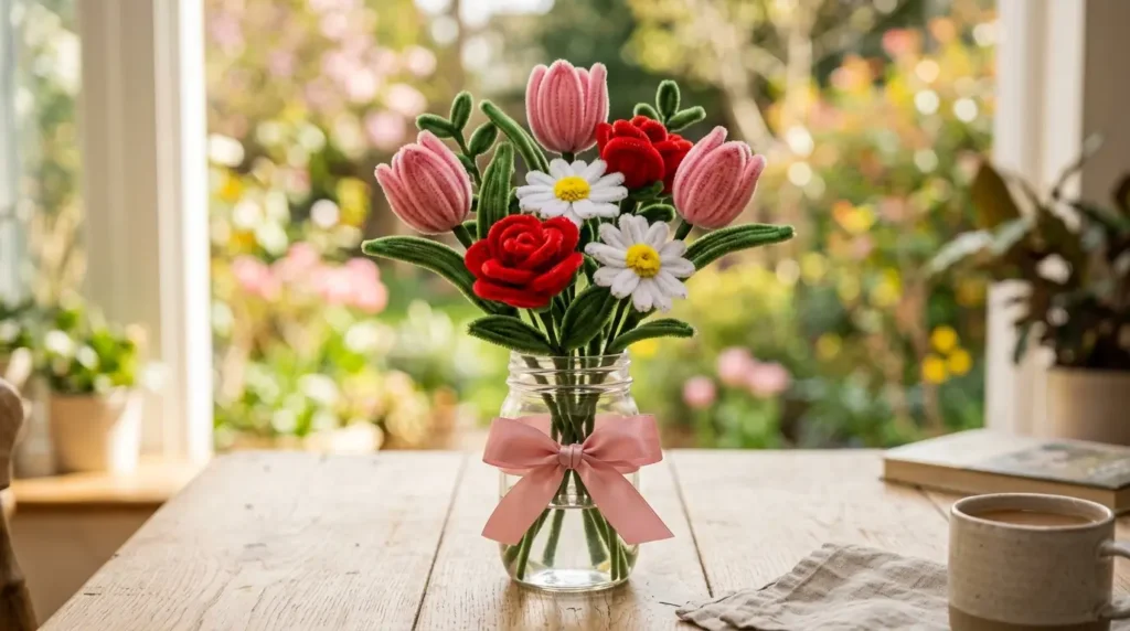 Spring pipe cleaner tulip bouquet mixed with roses and daisies in a mason jar as a Mother's Day gift on a wooden table