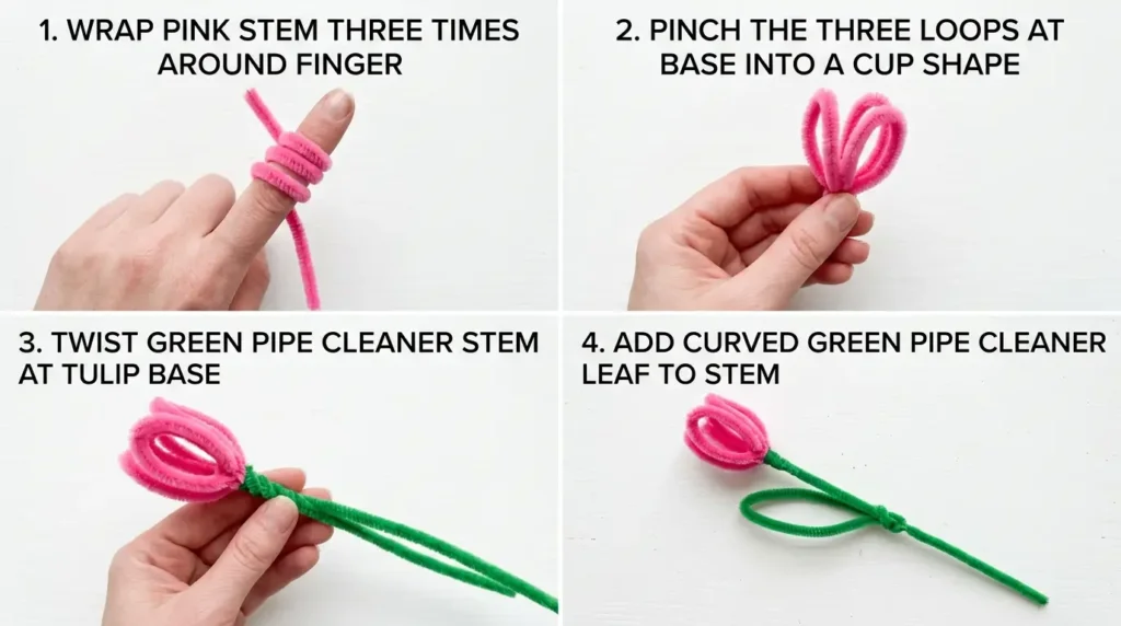 Four-step photo tutorial showing how to make a pipe cleaner tulip from coiling to finished flower with green stem
