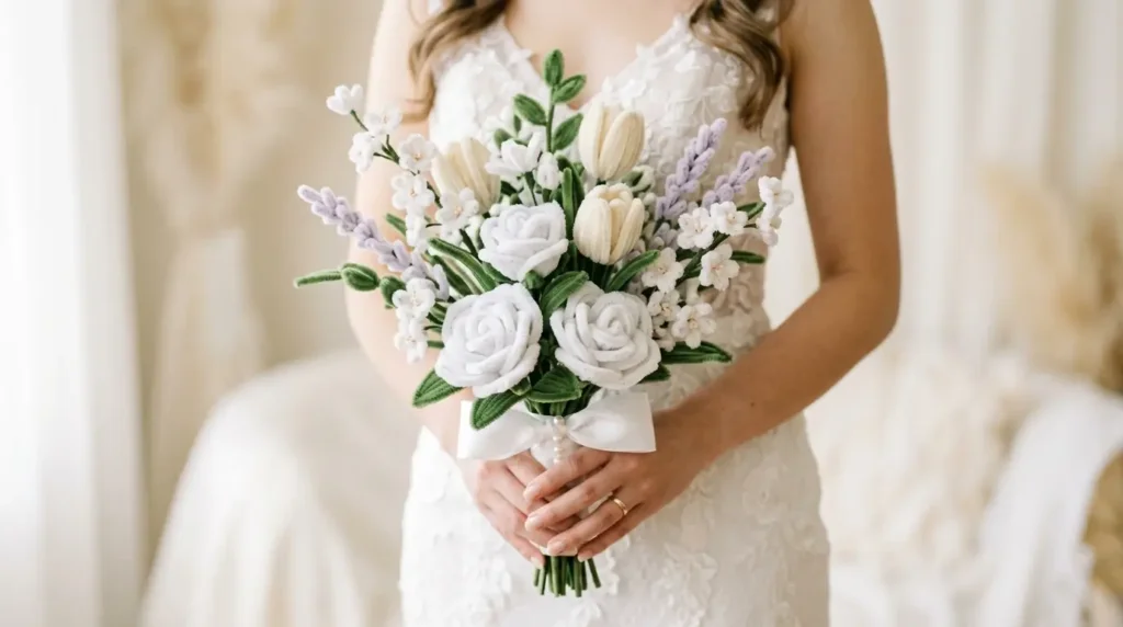 Elegant white and ivory pipe cleaner bridal bouquet with roses, tulips and lavender held by a bride