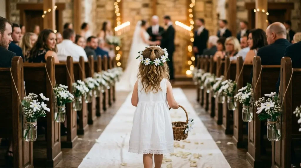 Young flower girl wearing a white pipe cleaner flower crown walking down a wedding aisle decorated with pipe cleaner flowers