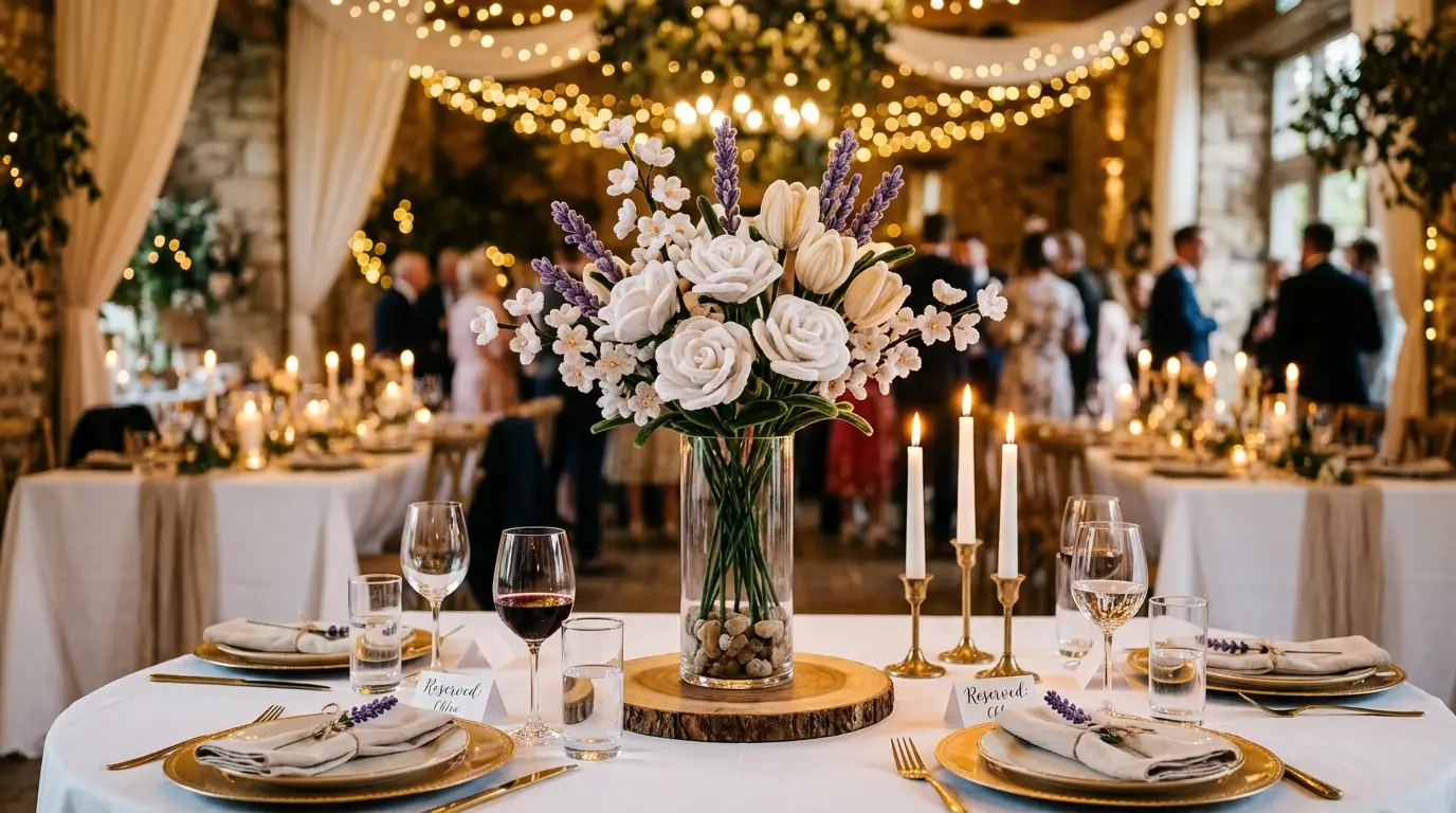 Elegant handmade pipe cleaner wedding flowers in white and ivory arranged as a centerpiece on a wedding reception table