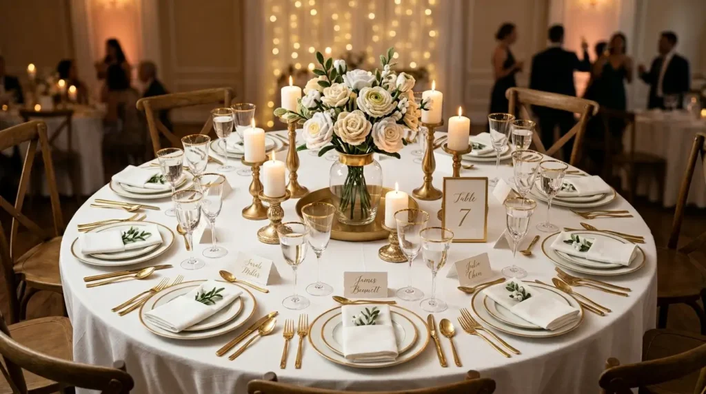 Wedding reception table setting with pipe cleaner flower centerpiece, candles and place cards in white and gold