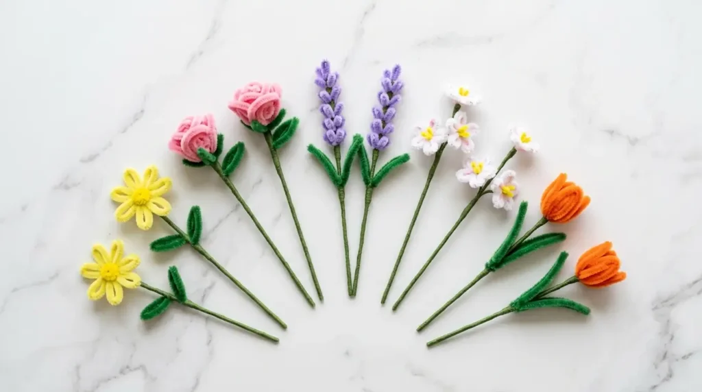 Flat lay of 10 different spring pipe cleaner flowers in yellow, pink, purple, white and green on a white surface