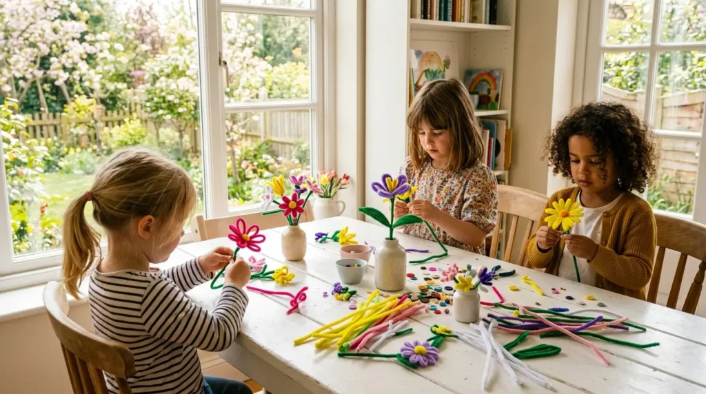 Group of children making colorful spring pipe cleaner flowers craft at a table covered with art supplies