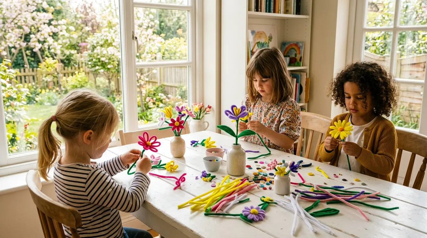 Group of children making colorful spring pipe cleaner flowers craft at a table covered with art supplies