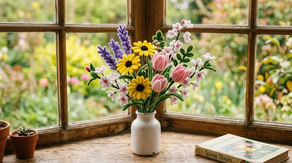 Colorful spring pipe cleaner flower bouquet in a small white ceramic vase on a window sill with spring light