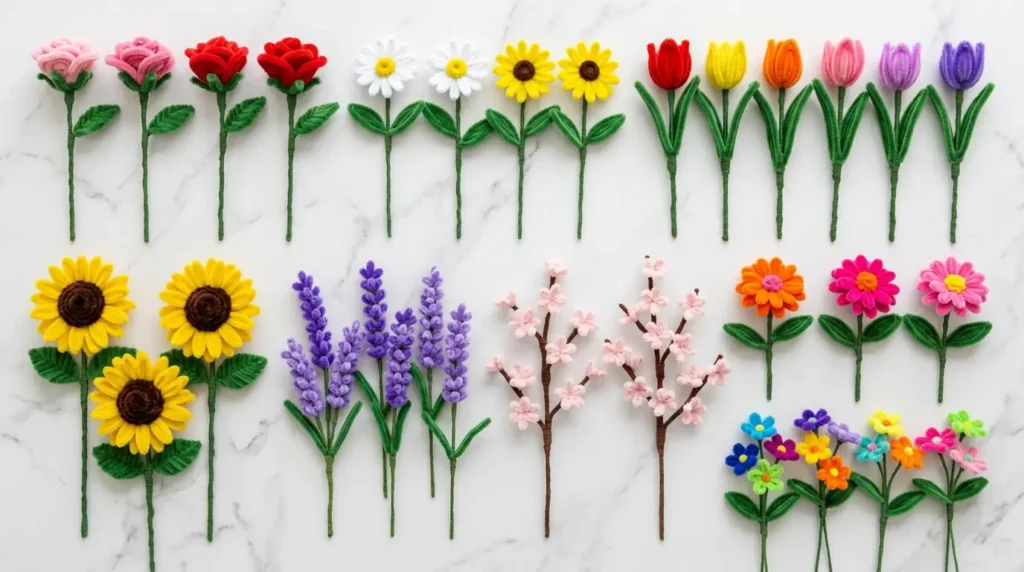 Complete collection of 20 different types of pipe cleaner flowers arranged by color on a white surface – roses, daisies, tulips, sunflowers and more