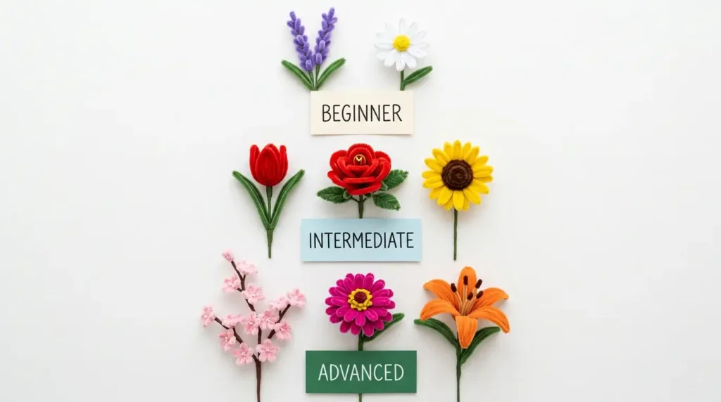 Visual difficulty chart showing pipe cleaner flower types from easiest to most advanced arranged in three levels