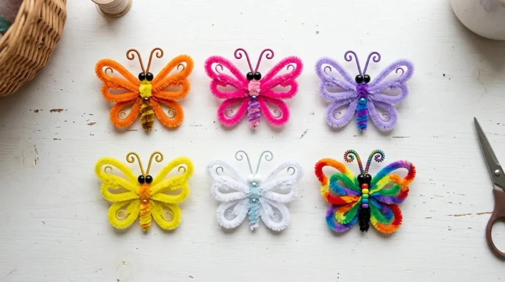 10 pipe cleaner butterfly designs in different colors — orange monarch, pink, purple, yellow and rainbow styles displayed on white background