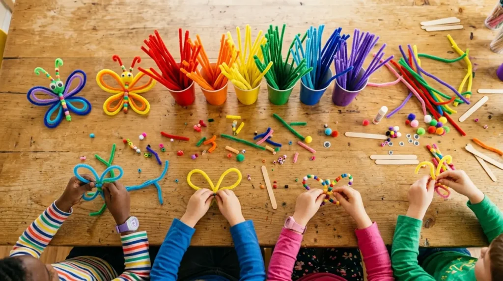 Children making pipe cleaner butterflies at a classroom craft table with colorful pipe cleaners sorted in cups