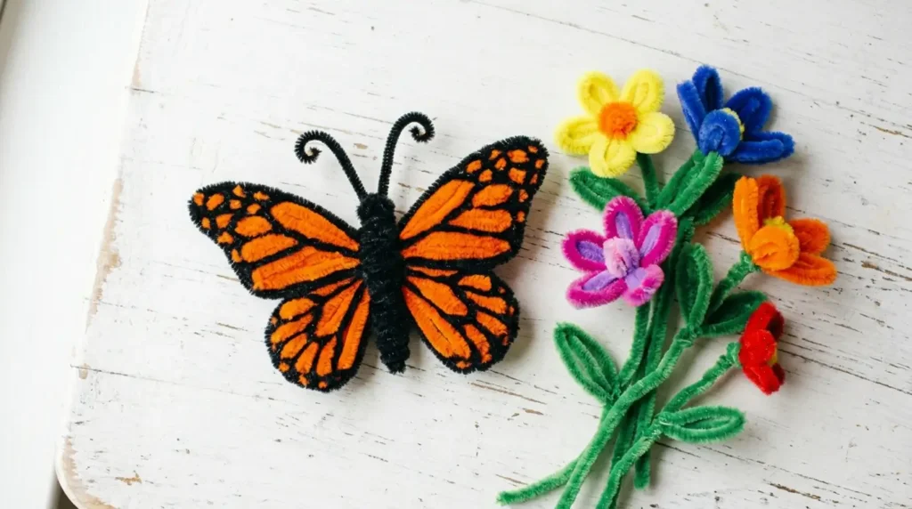 Handmade pipe cleaner butterfly with orange wings and black body displayed on a white surface next to pipe cleaner flowers