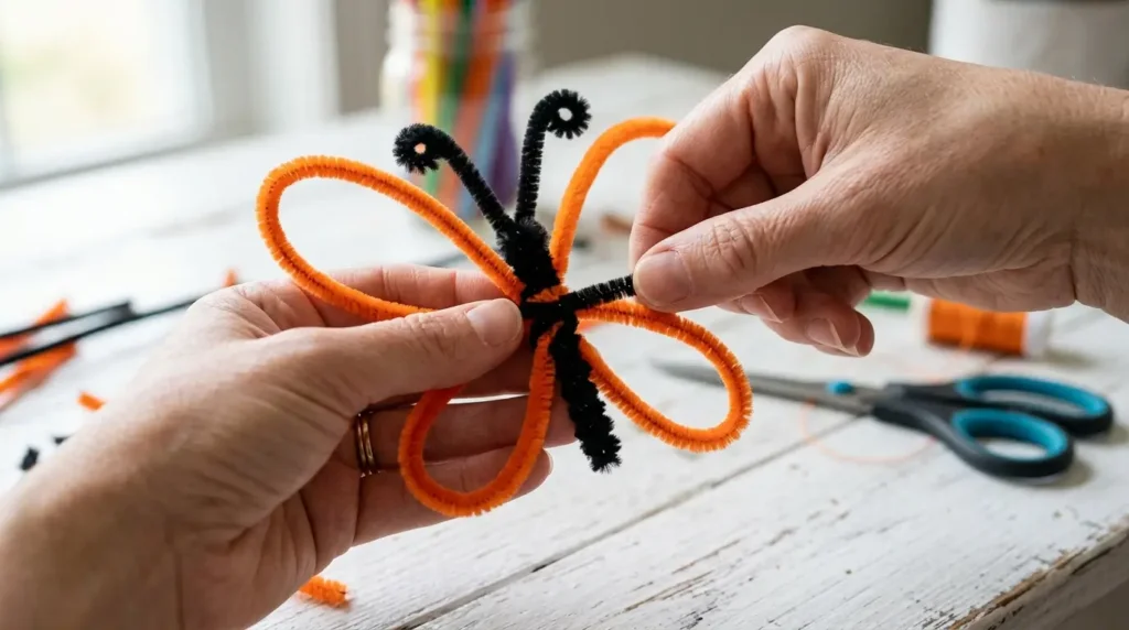 Step by step how to make a pipe cleaner butterfly — hands shaping orange pipe cleaner wings and attaching black body