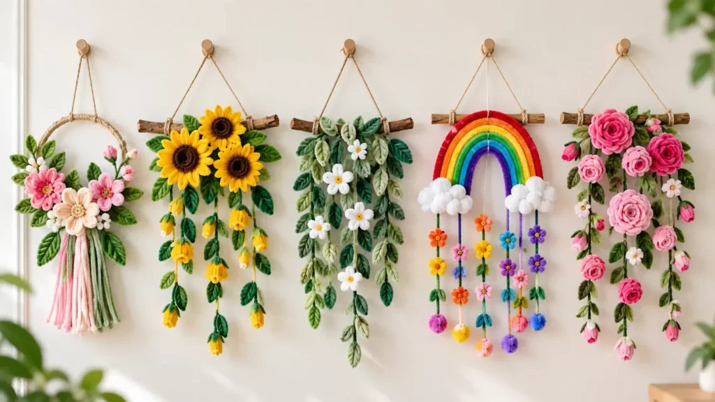 Pipe cleaner wall hanging ideas with flowers and colorful designs