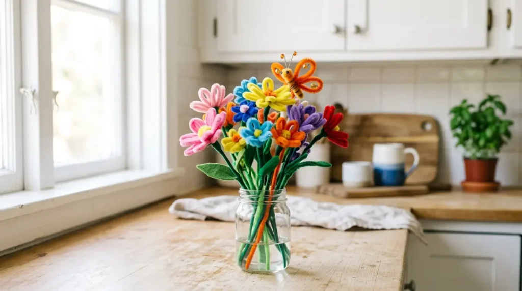 Orange pipe cleaner butterfly attached to a colorful pipe cleaner flower bouquet displayed in a glass vase