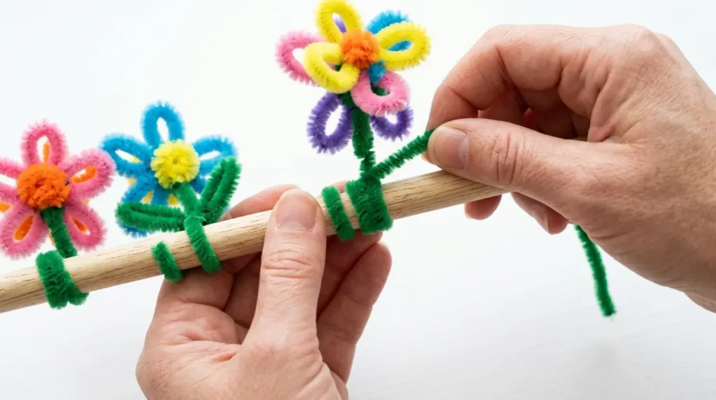 Step by step how to make a pipe cleaner wall hanging — attaching flowers to a wooden dowel with green pipe cleaner strings