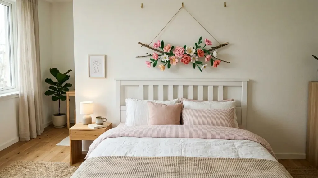 Pipe cleaner wall hanging with pink and white flowers displayed above a bed as bedroom wall decoration