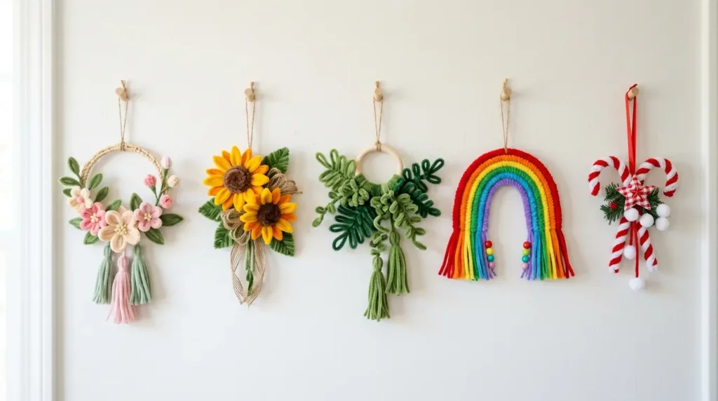 10 pipe cleaner wall hanging ideas displayed side by side — spring, boho, Christmas, rainbow and minimalist styles