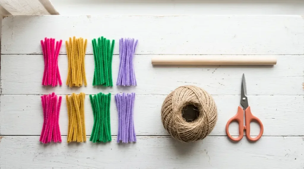 Materials needed to make a pipe cleaner wall hanging — colorful pipe cleaners, wooden dowel, twine and scissors on a white surface