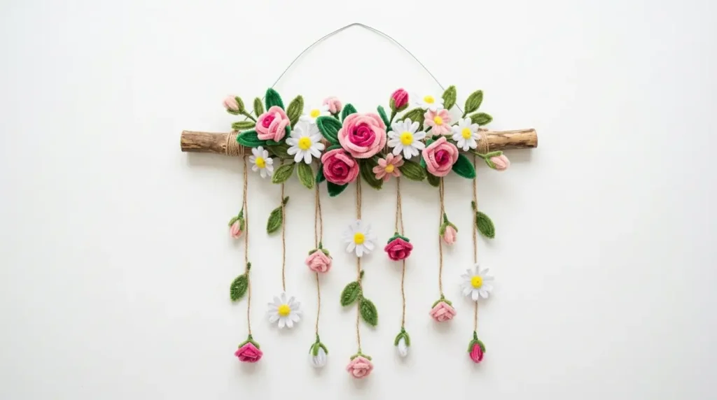 Handmade pipe cleaner wall hanging with pink roses and white daisies on a natural wood branch displayed on a white bedroom wall