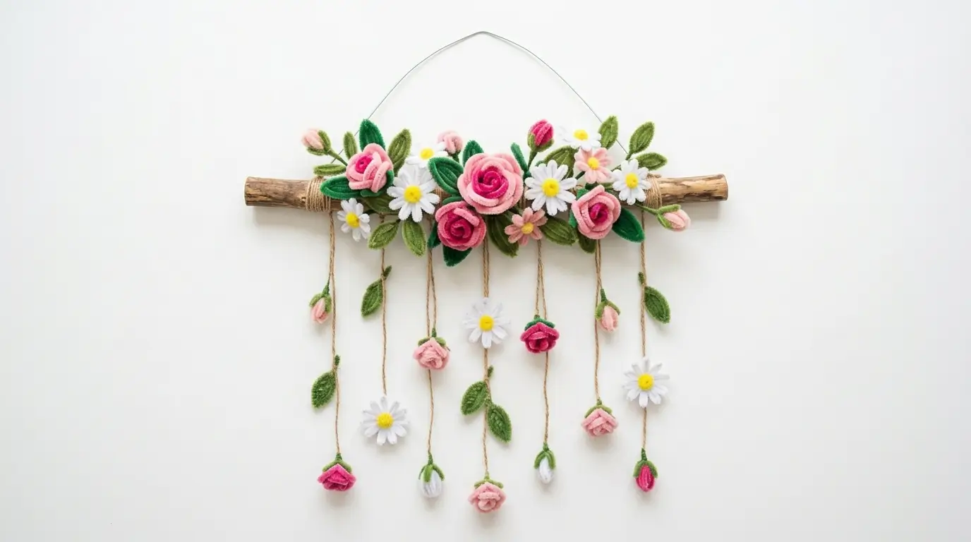 Handmade pipe cleaner wall hanging with pink roses and white daisies on a natural wood branch displayed on a white bedroom wall