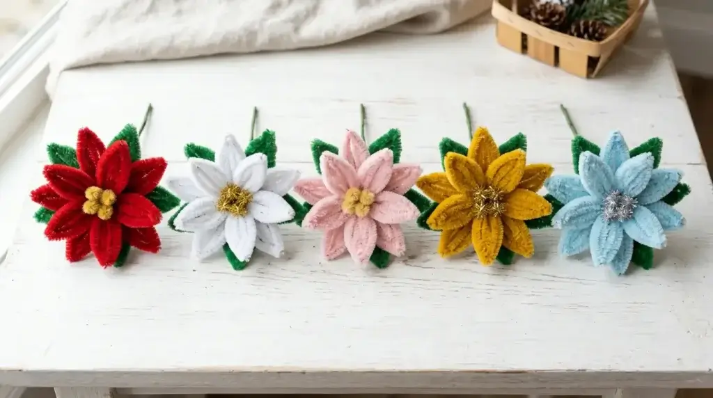 6 pipe cleaner poinsettia color variations — classic red, white winter, pink, gold, blue silver and two-tone red green displayed on white background