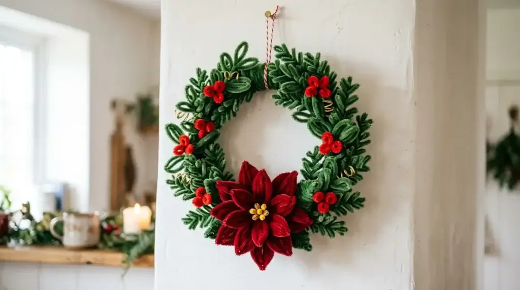 Red pipe cleaner poinsettia attached as centerpiece on a handmade Christmas wire wreath with green leaves and red berry loops