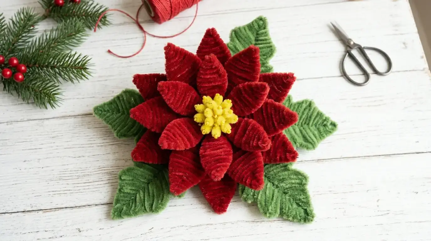 Handmade pipe cleaner poinsettia with red bracts and yellow center displayed on a white surface with green leaves