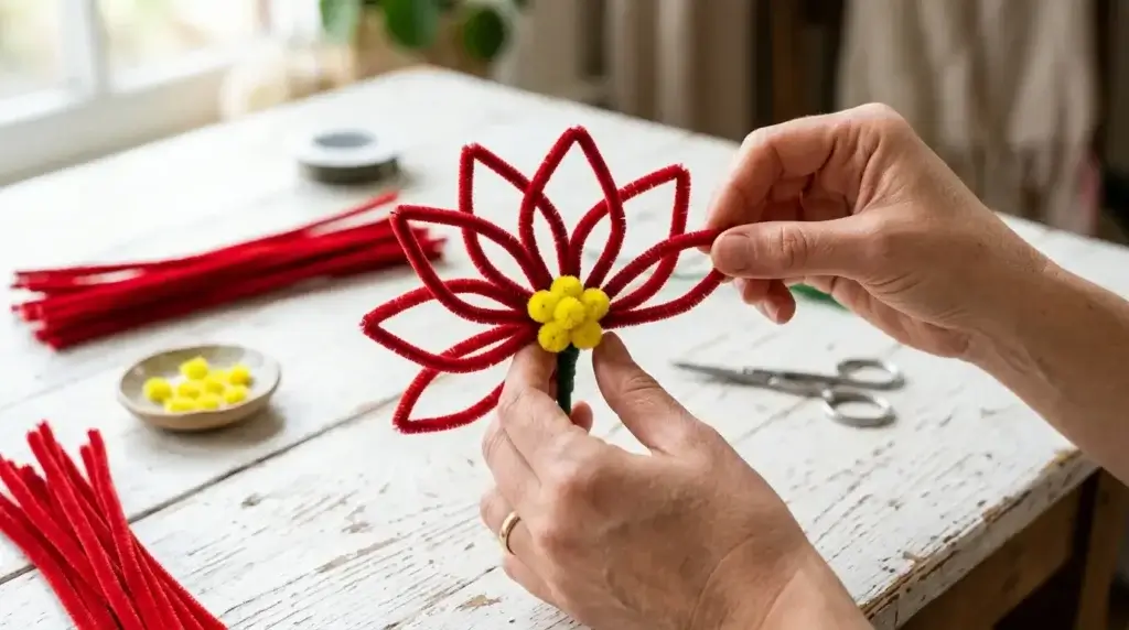 Step by step how to make a pipe cleaner poinsettia — hands arranging red bract loops around a yellow center in two layers