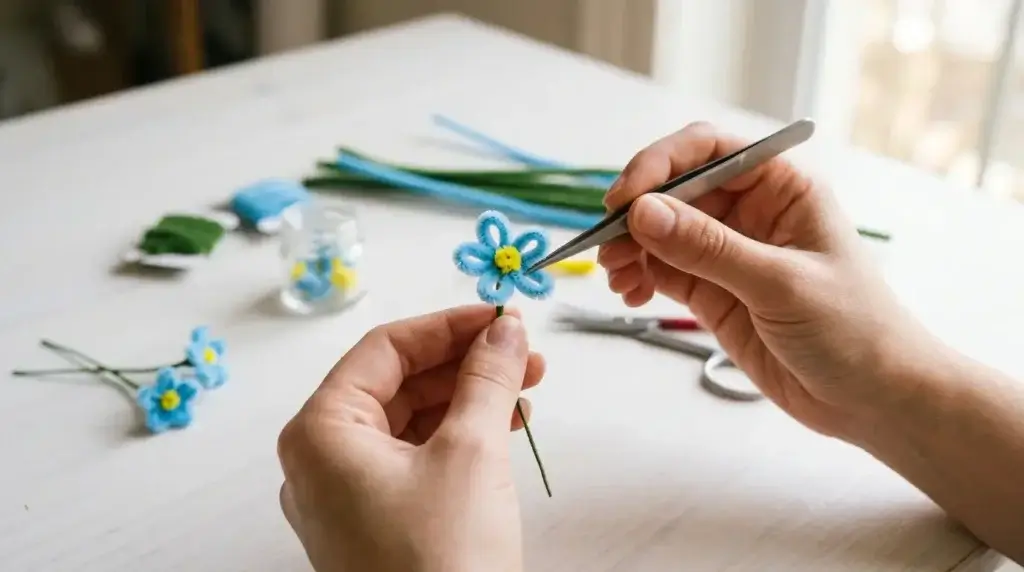 Step by step how to make a pipe cleaner forget-me-not — hands assembling five tiny blue petal loops around a small yellow center