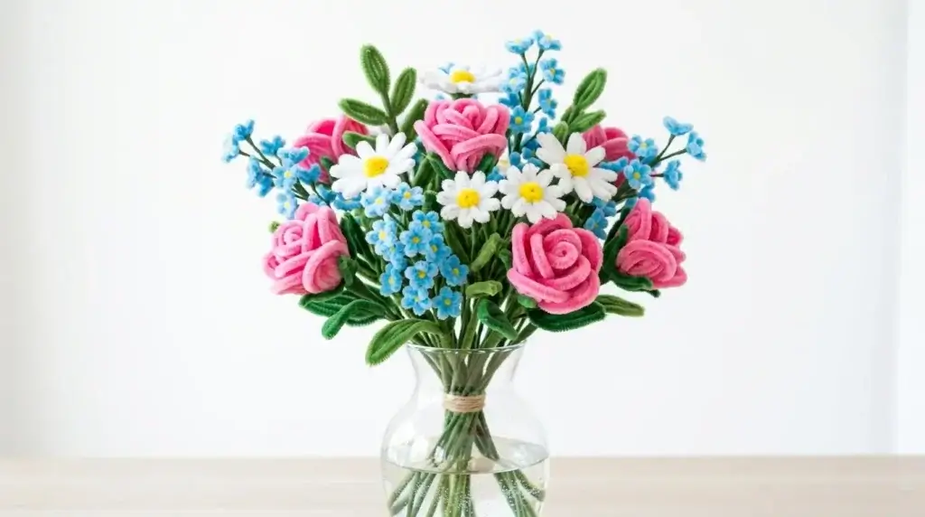 Blue pipe cleaner forget-me-not sprays used as filler flowers between pink roses and white daisies in a glass vase bouquet