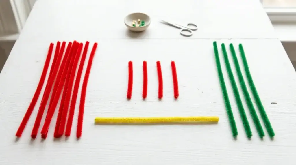 Materials needed to make a pipe cleaner poinsettia — red yellow and green pipe cleaners arranged on a white surface