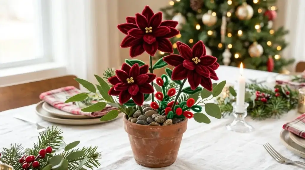 Three pipe cleaner poinsettias arranged as a Christmas table centerpiece in a terracotta pot with green leaves and red berry decorations