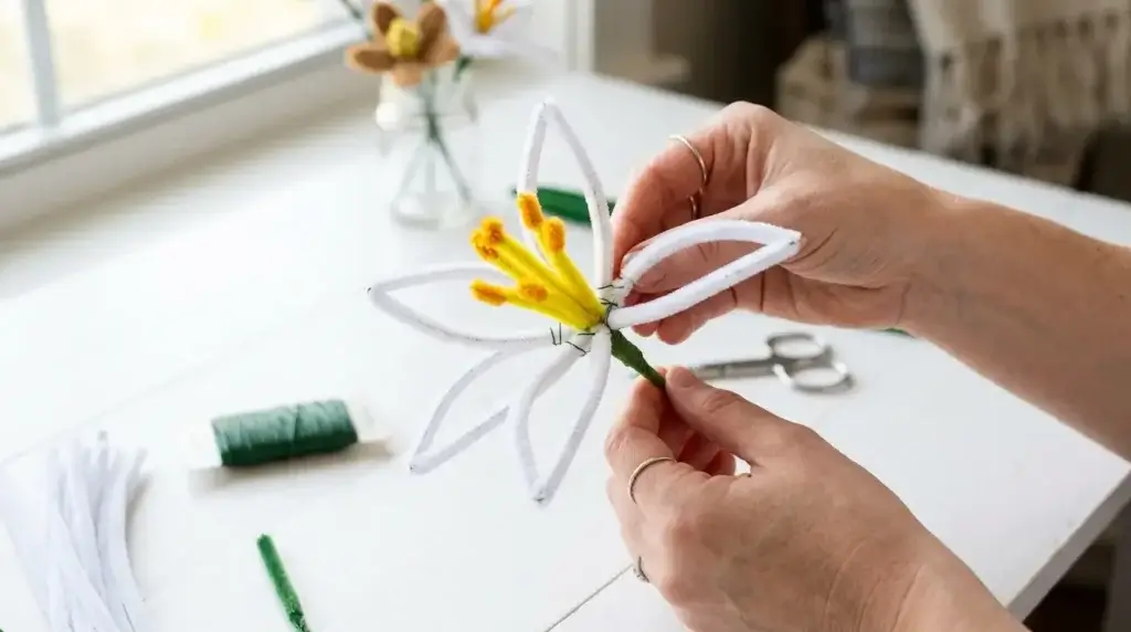 Step by step how to make a pipe cleaner lily — hands shaping pointed white petal loops and assembling yellow stamens