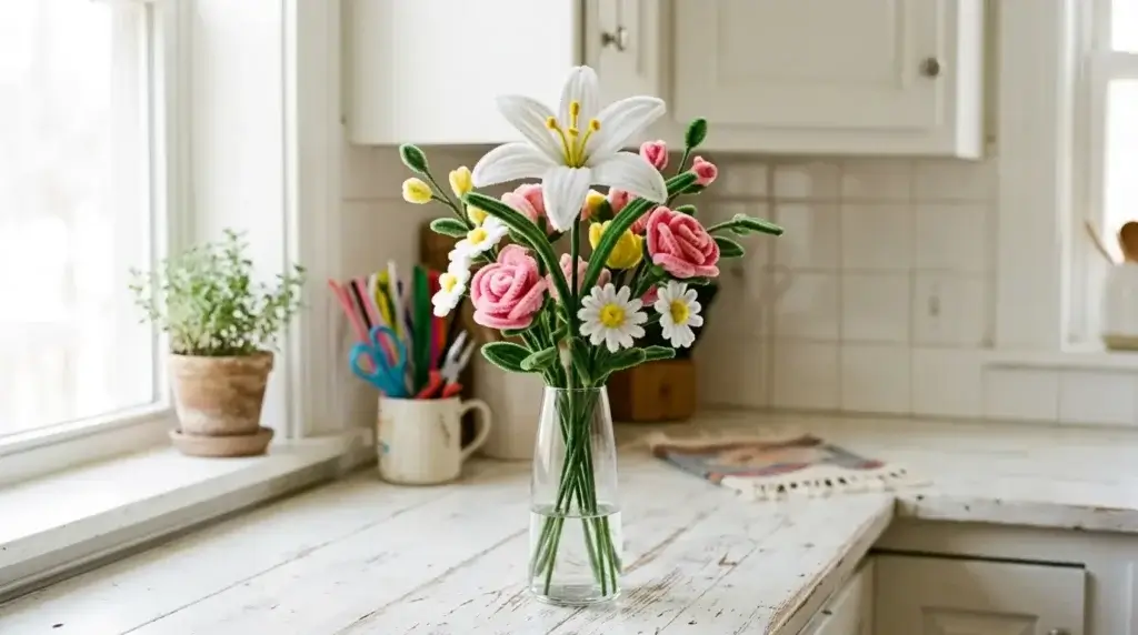 White pipe cleaner lily as centerpiece in a mixed pipe cleaner flower bouquet displayed in a glass vase on a white table