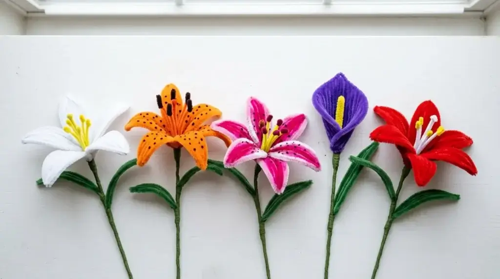 7 pipe cleaner lily variations — white classic, orange tiger lily, pink stargazer, purple calla lily and red Christmas lily displayed on white background