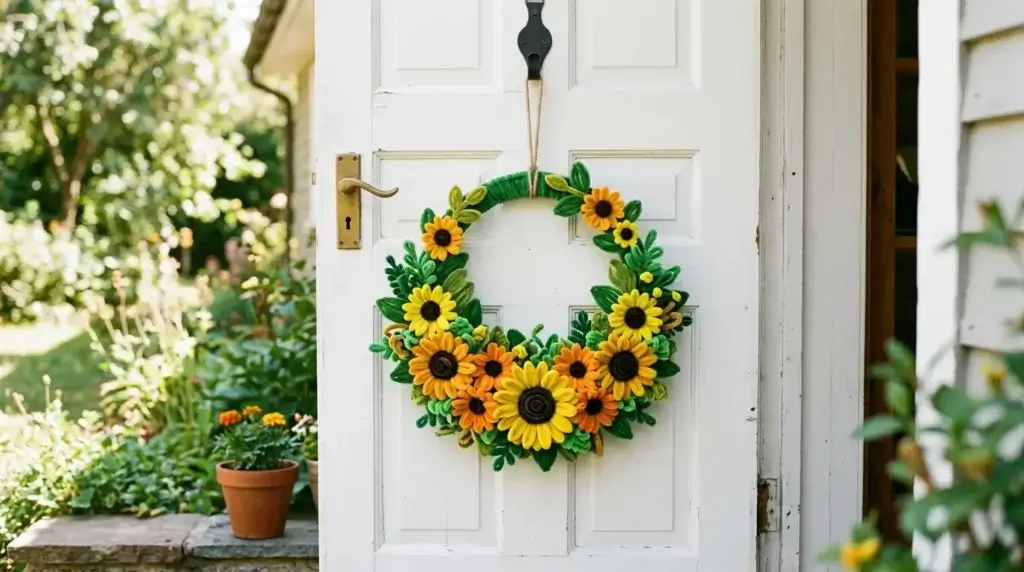 Pipe cleaner sunflower wreath with yellow flowers and green leaves hanging on a white front door
