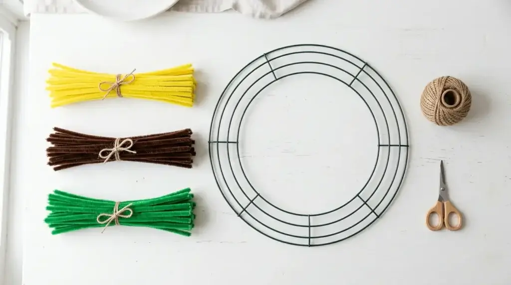 Materials needed for a pipe cleaner sunflower wreath — wire base, yellow brown and green pipe cleaners and twine on white surface