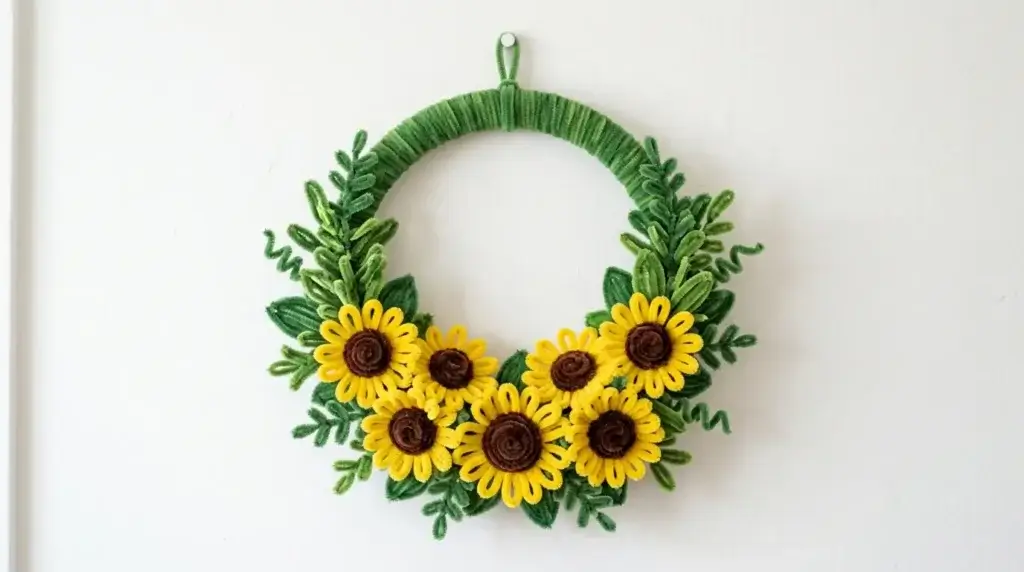 Handmade pipe cleaner sunflower wreath with yellow sunflowers and green leaves on a wire base displayed on a white wall
