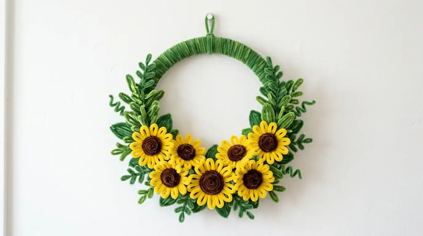 Handmade pipe cleaner sunflower wreath with yellow sunflowers and green leaves on a wire base displayed on a white wall