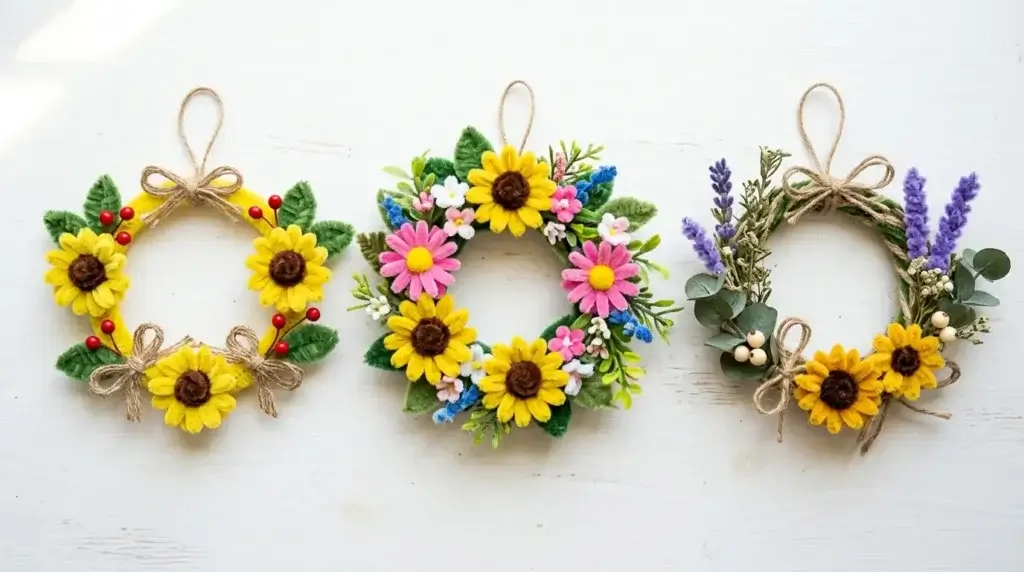 5 pipe cleaner sunflower wreath styles — farmhouse, spring garden, boho, Christmas and minimalist green displayed side by side