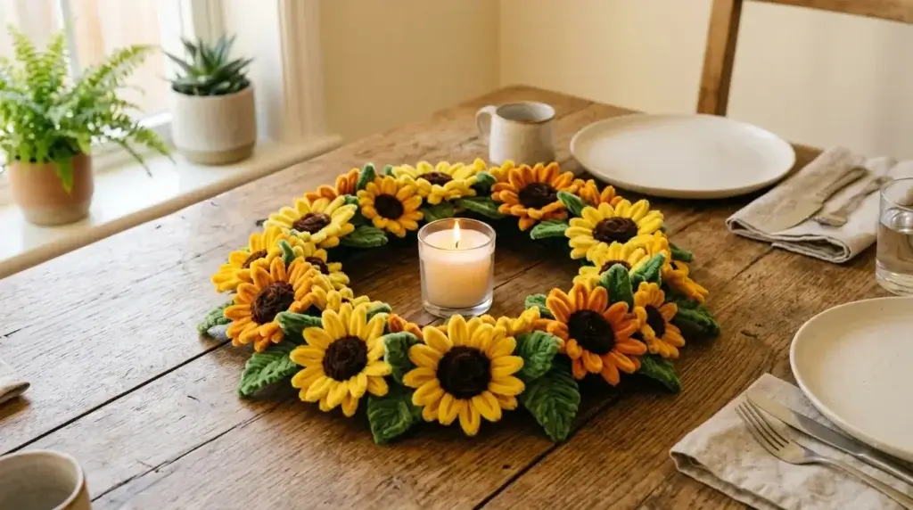 Pipe cleaner sunflower wreath laid flat as a table centerpiece with a small candle in the center on a wooden dining table