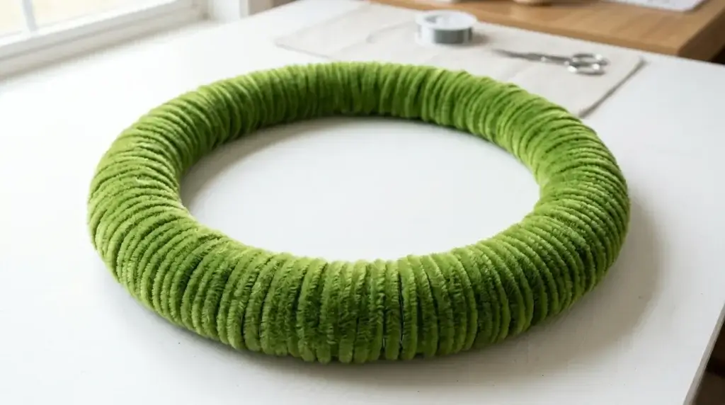 Wire wreath base fully wrapped in green pipe cleaners ready for flower attachment