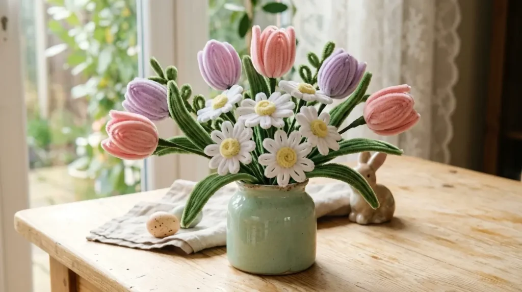 Pastel pipe cleaner Easter flowers with pink and lilac tulips and white daisies in a ceramic vase