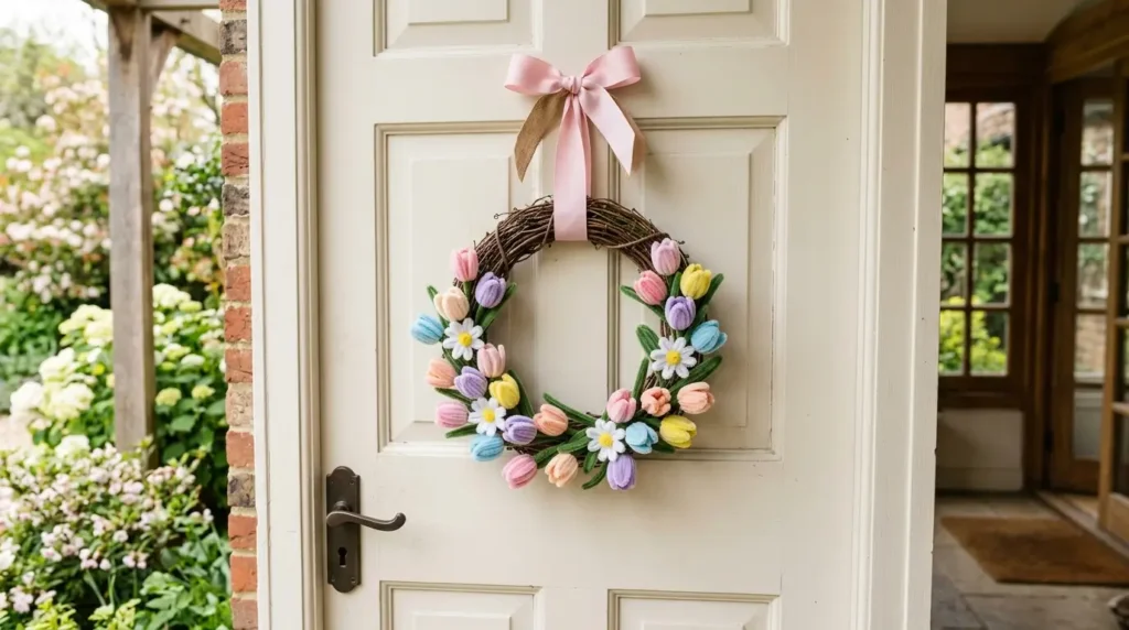 Mini Easter wreath made of pastel pipe cleaner tulips and daisies on a grapevine base