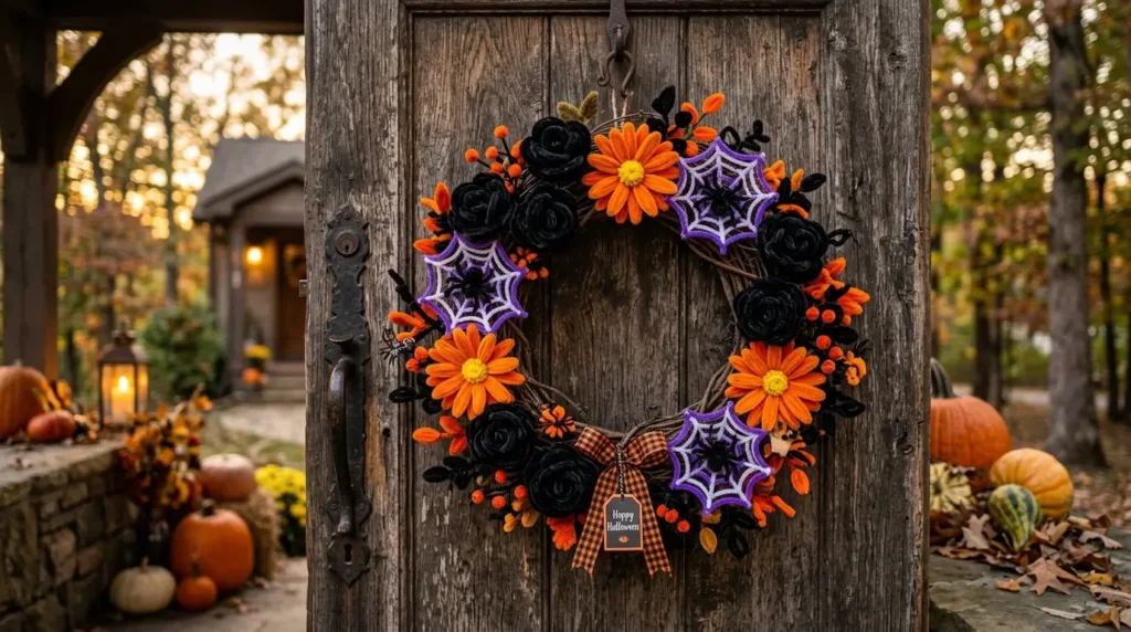 Pipe cleaner Halloween flower wreath with black roses and orange daisies on a grapevine base