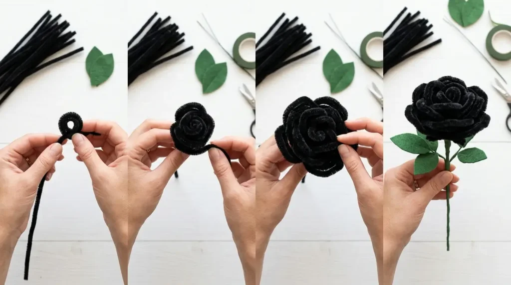 Step-by-step photo tutorial for making a black pipe cleaner rose for Halloween crafts