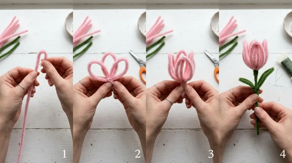 Step-by-step photo tutorial for making a pastel pink pipe cleaner tulip for Easter